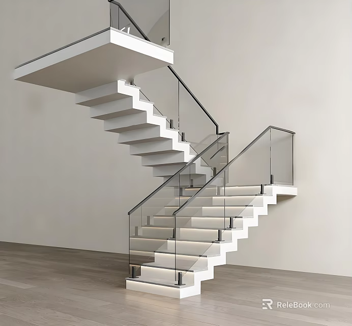 Modern Floating Staircase With Glass Railing And White Steps Interior Design 3d model 