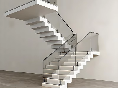 Modern Floating Staircase With Glass Railing And White Steps Interior Design 3d model