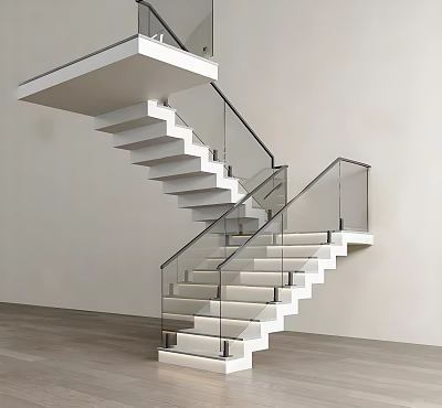 Modern Floating Staircase With Glass Railing And White Steps Interior Design 3d model