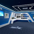 Modern Contemporary Indoor Space Interior With Curved Large Screen Central Column And Blue Carpet