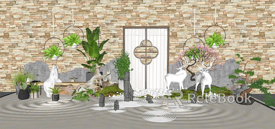 New Chinese style landscape sketch dry landscape Zen courtyard garden landscape sketch villa garden private garden landscape sketch model