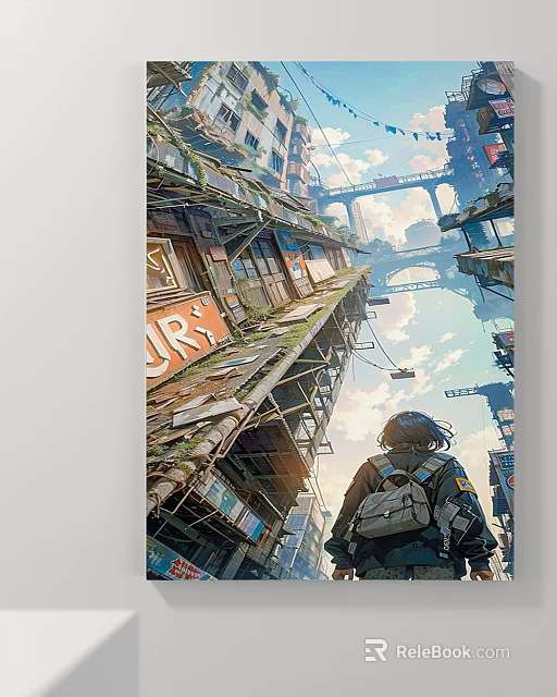 Cyberpunk Urban Landscape Painting With Old Buildings Bridges And Sky 3d model 