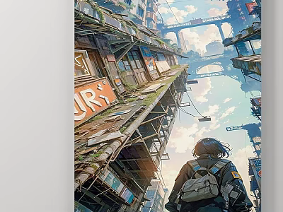 Cyberpunk Urban Landscape Painting With Old Buildings Bridges And Sky 3d model