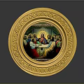 Golden Round Decorative Plate With Ornate Carved Frame And The Last Supper Painting