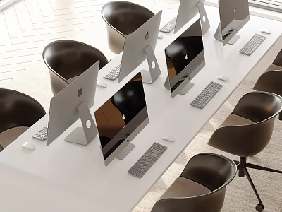 White Office Desk with Multiple Computer Monitors Keyboards Mice and Black Chairs in Workspace 3d model