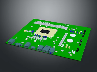 Green Computer Circuit Board With Central Chip Connectors And Electronic Components 3d model