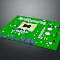 Green Computer Circuit Board With Central Chip Connectors And Electronic Components
