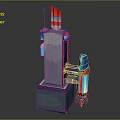 Cartoon Style Mechanical Device With Red Flag Antenna Blue Glowing Component Purple Gray Structure Base