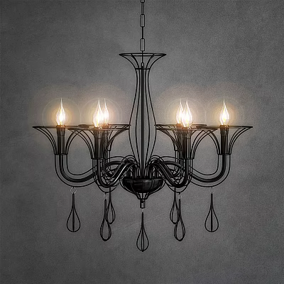 Black Vintage Chandelier With Candle Shaped Bulbs Teardrop Decorations And Metal Frame 3d model