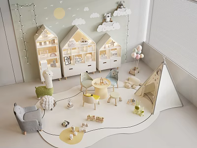 Cozy Kids Room Interior With House Shaped Shelves Cloud and Moon Decor And Teepee Tent 3d model