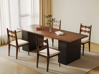 Modern Wooden Dining Table Set with Four Chairs Fruit Bowl and Window Blinds 3d model