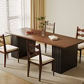 Modern Wooden Dining Table Set with Four Chairs Fruit Bowl and Window Blinds