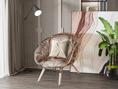 Modern Transparent Mesh Accent Chair With Light Cushion White Legs Floor Lamp And Green Plant 3d model