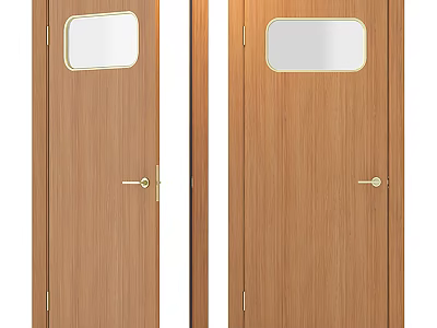Wooden Swing Door With Glass Window And Gold Handle In Natural Wood Design 3d model