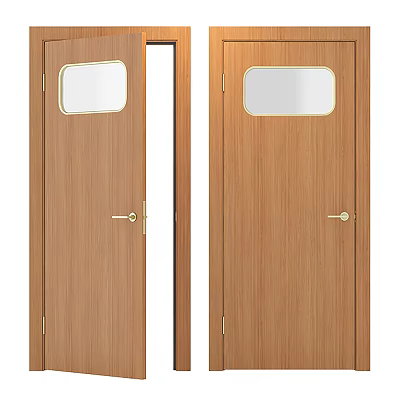 Wooden Swing Door With Glass Window And Gold Handle In Natural Wood Design 3d model