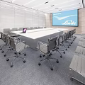 Modern Conference Room Interior Design With Large White Table Grey Rolling Chairs And Wall Screen