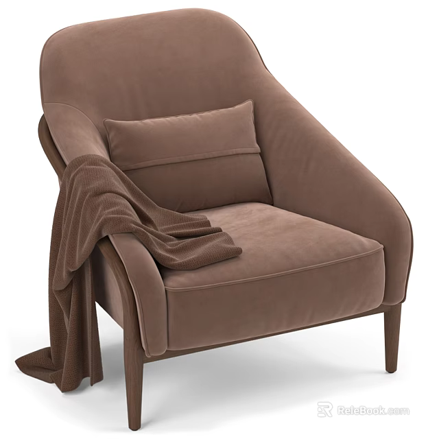Brown Velvet Lounge Chair with Cushion Throw Blanket and Elegant Modern Design 3d model 