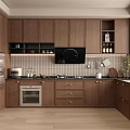 Modern Kitchen Interior With Walnut Cabinets Stainless Steel Refrigerator Oven And Light Wood Floor