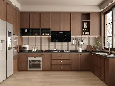 Modern Kitchen Interior With Walnut Cabinets Stainless Steel Refrigerator Oven And Light Wood Floor 3d model