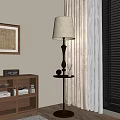 Modern Floor Lamp With Beige Shade In Interior With Wooden Cabinet And Curtains