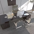 Modern Office Desk With Mac Computer White Chairs Decorative Painting And Floor Lamp