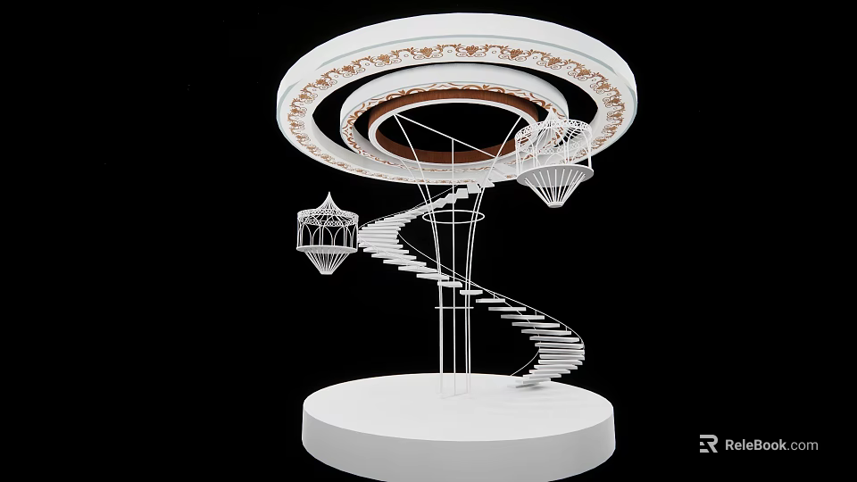 Elegant Spiral Staircase With Decorative Circular Frame And Hanging Lanterns On White Pedestal 3d model 