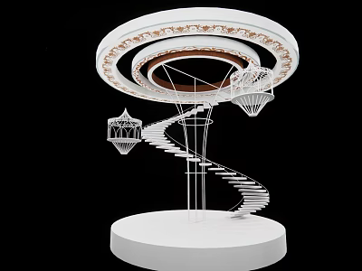 Elegant Spiral Staircase With Decorative Circular Frame And Hanging Lanterns On White Pedestal 3d model
