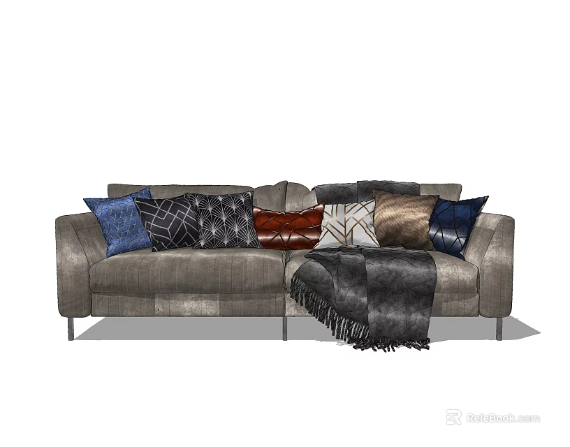 Modern Gray Two Seater Sofa With Assorted Decorative Pillows And Cozy Throw Blanket 3d model