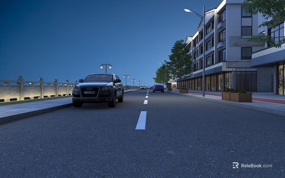 Urban Road Infrastructure With Street Lights Road Markings Buildings And Trees At Night 3d model 