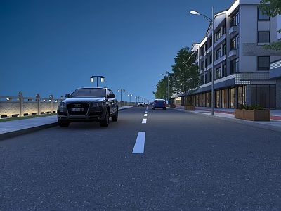 Urban Road Infrastructure With Street Lights Road Markings Buildings And Trees At Night 3d model