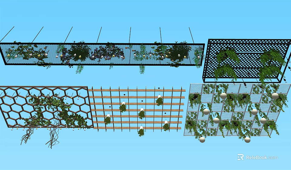 Decorative Ceiling Design With Hanging Plants Wooden Grille And Grid Patterns 3d model