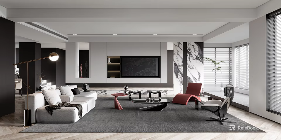 Modern Living Room With Gray Sofa Red Chair And Art Decor 3d model 