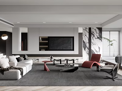 Modern Living Room With Gray Sofa Red Chair And Art Decor 3d model