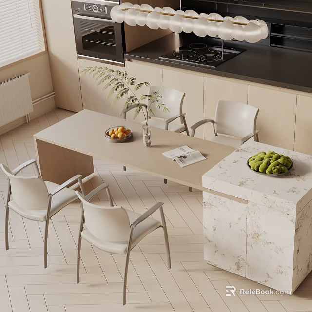 Modern Dining Table Set With White Chairs Vase Fruits Magazine And Marble Side Counter 3d model 