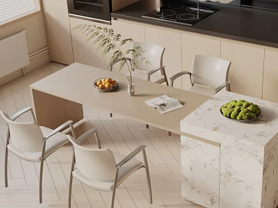 Modern Dining Table Set With White Chairs Vase Fruits Magazine And Marble Side Counter 3d model