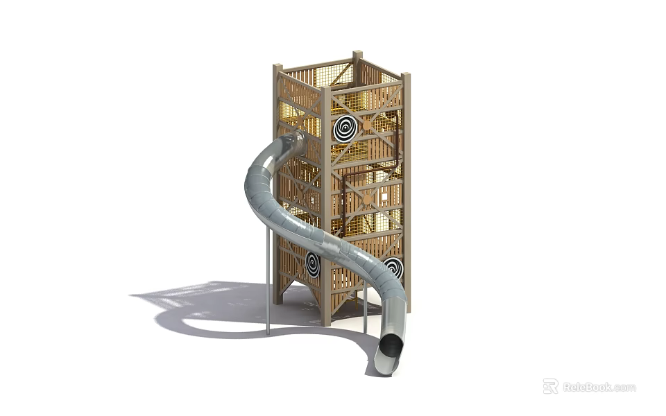 Multi Level Wooden Play Tower With Lattice Design Circular Patterns And Silver Slide 3d model