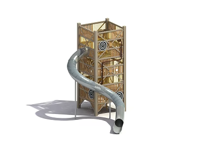 Multi Level Wooden Play Tower With Lattice Design Circular Patterns And Silver Slide 3d model