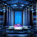 Modern Ballroom Interior Design With Neon Lights Blue Purple Illumination And Comfortable Sofa Seats