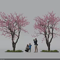 Trees Bearing Pink Blossoms and Family Capturing Moments Underneath in Outdoor Scene