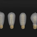 Four Transparent Glass Light Bulbs With Golden Base And Visible Filament On Dark Background