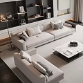 Modern Living Room Sofa Coffee Table Set With Accent Chair Potted Plant And Large Windows