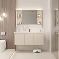 Modern Bathroom Interior With Wooden Walls Hanging Lights Vanity Beige Cabinets And Bathtub