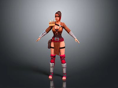 Adventurous Female Character In Brown Armor With Small Fox Creature Companion 3d model