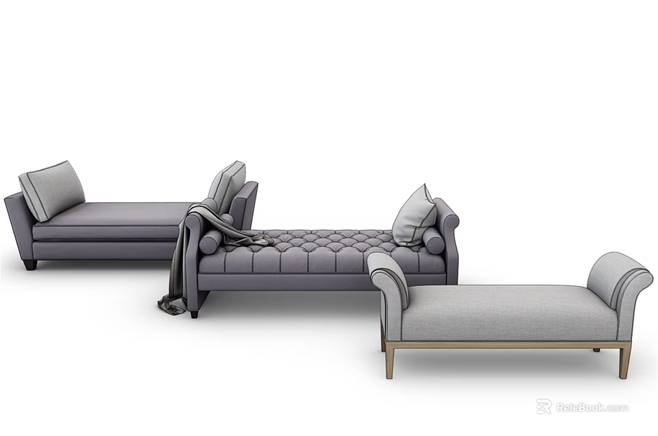Modern Home Ottoman Collection With Tufted Seats Plush Cushions And Metal Legs 3d model 