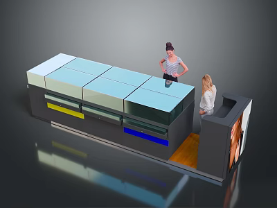 Modern Exhibition Stand With Two People Various Colored Panels Blue Top And Smooth Reflective Surface 3d model