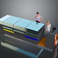 Modern Exhibition Stand With Two People Various Colored Panels Blue Top And Smooth Reflective Surface