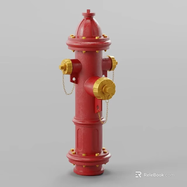 Red Fire Hydrant With Golden Valves And Chains For Fire Safety Equipment 3d model 