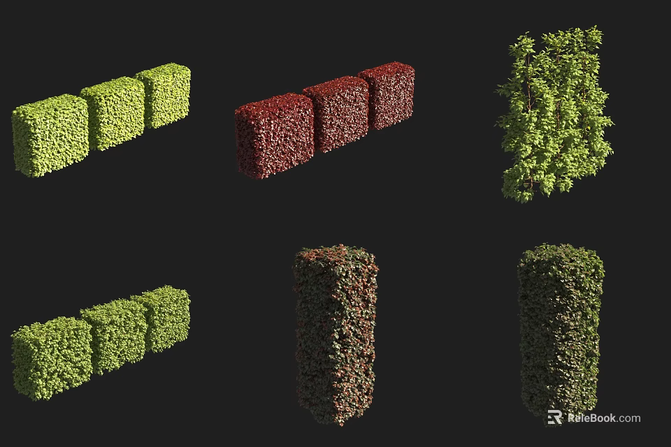 Decorative Cube and Cylinder Shaped Green Red Bushes in Various Designs 3d model 