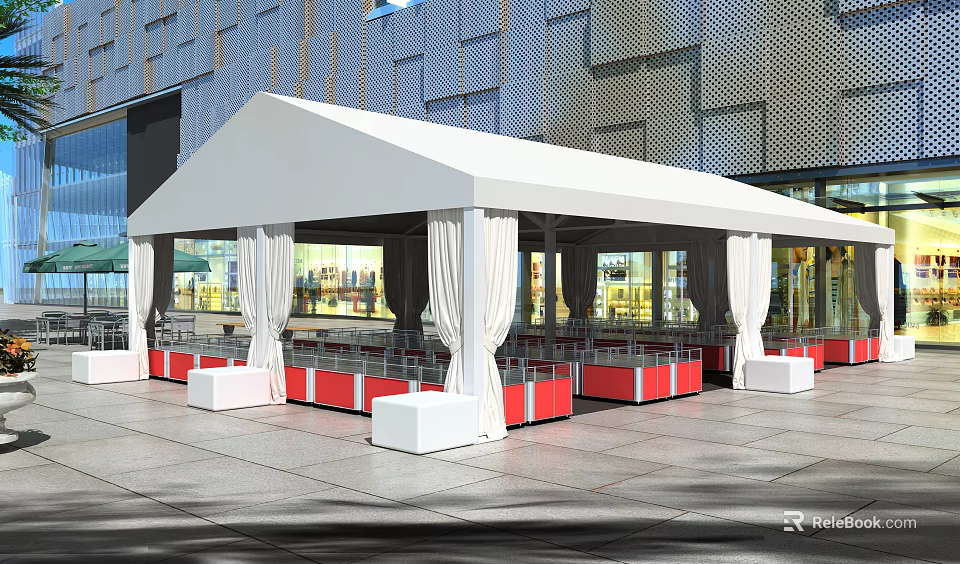 White Canopy With Pillars Under Modern Building Featuring Tables and Chairs 3d model 