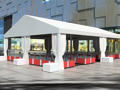 White Canopy With Pillars Under Modern Building Featuring Tables and Chairs 3d model